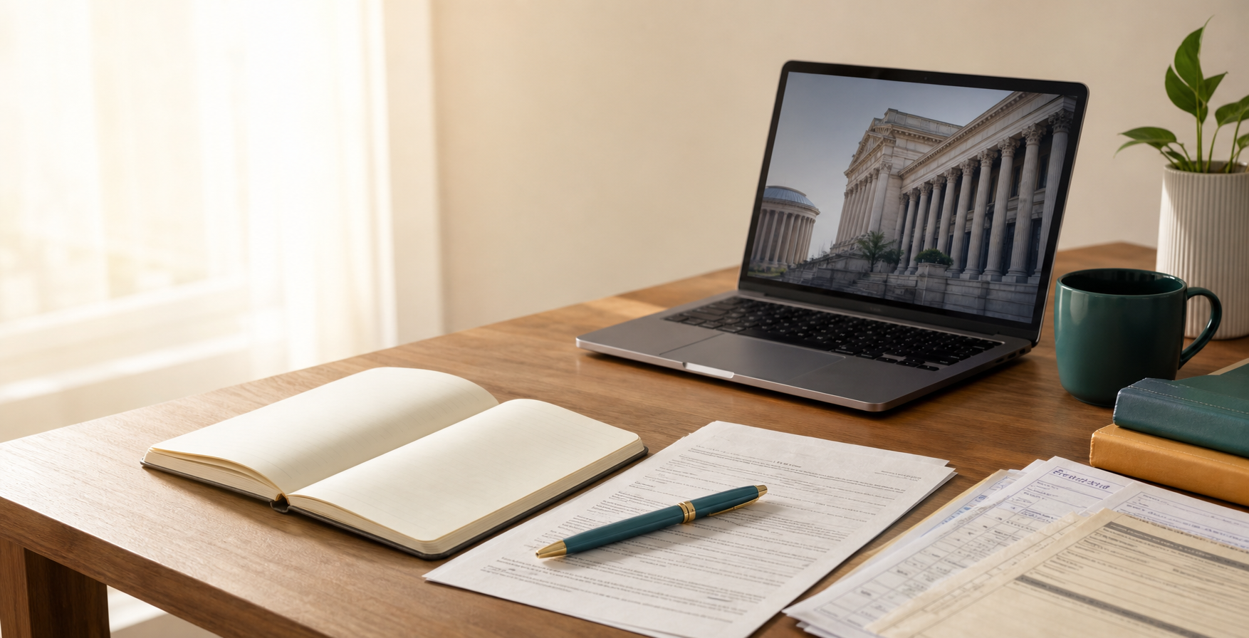 Desk with legal learning materials